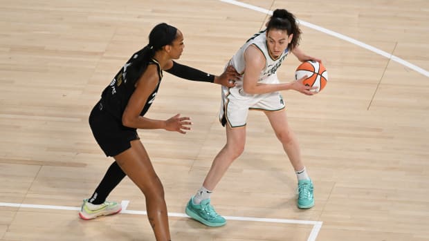 Las Vegas Aces forward A'Ja Wilson defends New York Liberty forward Breanna Stewart.
